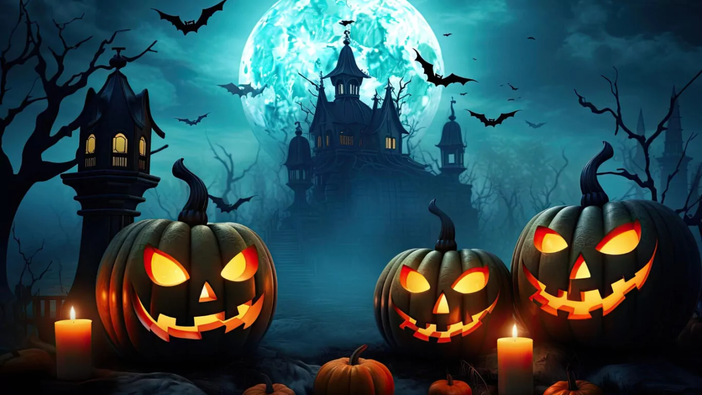 halloween-background-with-scary-pumpkins-candles-graveyard-night-with-castle-background
