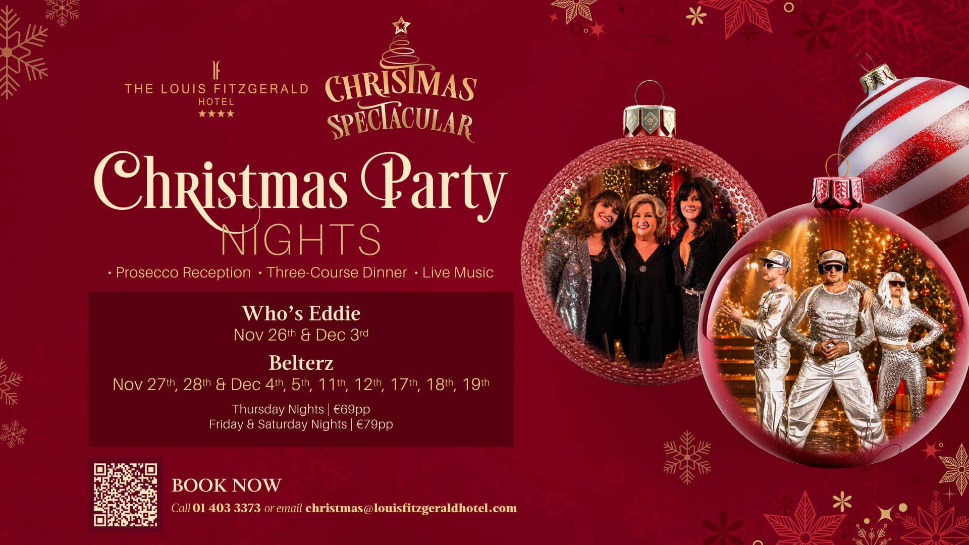 Festive hotel Christmas party promotion with live music at Louis Fitzgerald Hotel.