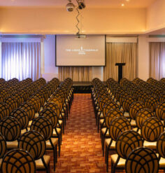 Elegant conference room with rows of chairs at Louis Fitzgerald Hotel, Dublin.