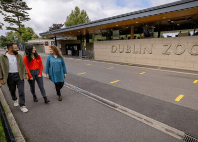 Three friends walking by Dublin Zoo entrance with lush greenery around.