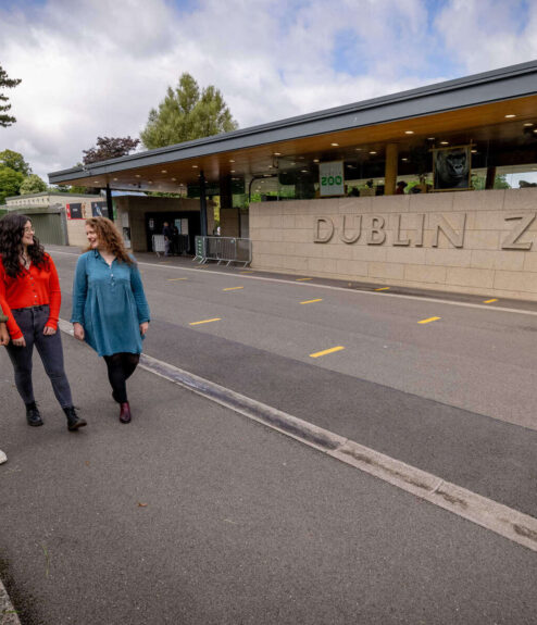 Three people walk joyfully outside Dublin Zoo on a pleasant day.