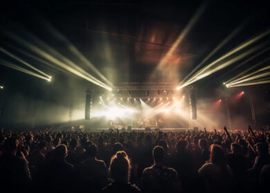 A lively concert crowd under dramatic stage lighting at an event venue.