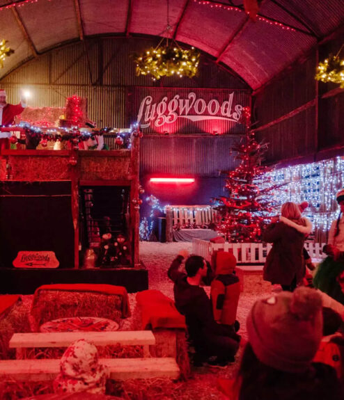 Festive barn with Santa, glowing lights, and guests enjoying the holiday display at Luggwoods.