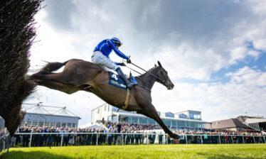 A horse and rider in a blue outfit leap a hedge at a crowded racecourse under a blue sky.