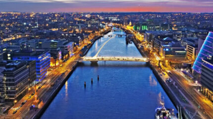 Vibrant Dublin sunset over River Liffey, city lights reflecting, calm waters, and bustling streets.