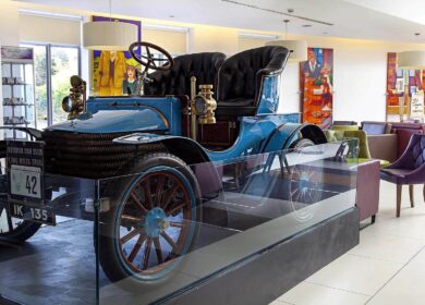 Vintage car on display in the cosy lobby of Louis Fitzgerald Hotel, Dublin.