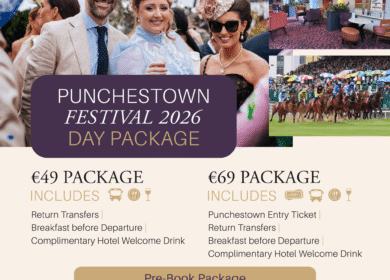 Guests smiling at Punchestown Festival 2026 promo featuring hotel lounges and horse racing.