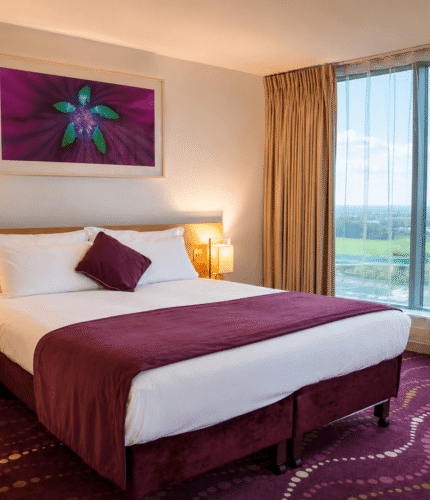 Elegant hotel room with cosy bed and large window view.