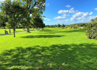 Lush green parkland with walking paths and trees under a blue sky.