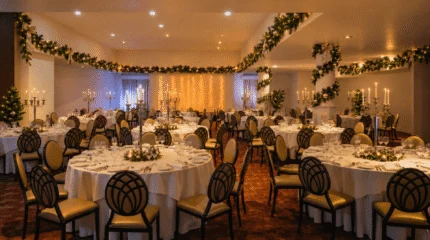 Festive hotel banquet room with round tables, place settings and garlanded columns for a warm celebration