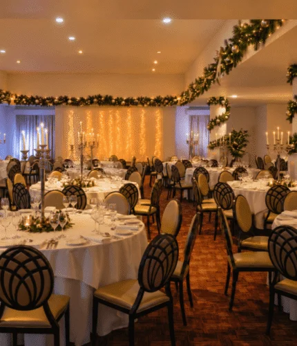 Festive hotel banquet room with round tables, place settings and garlanded columns for a warm celebration