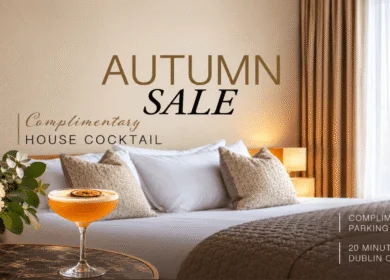 Elegant hotel room with cocktail offer for autumn sale.