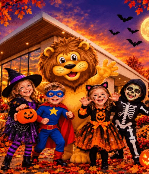 Children in Halloween costumes (witch, superhero, cat, skeleton) with a friendly lion mascot outside a warmly lit Louis Fitzgerald Hotel, jack-o’-lanterns and autumnal decor visible. TRANSCRIBE: "Louis Fitzgerald Hotel" visible on hotel signage.